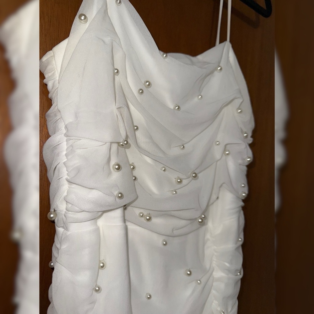 White Ruched Pearl Bodycon Midi Dress - Picture 3 of 5